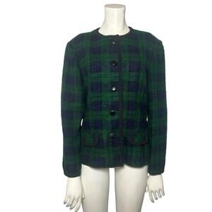 Vintage 80s 90s Talbots Plaid Wool Blend Jacket Green Blue Boxy Button Front L